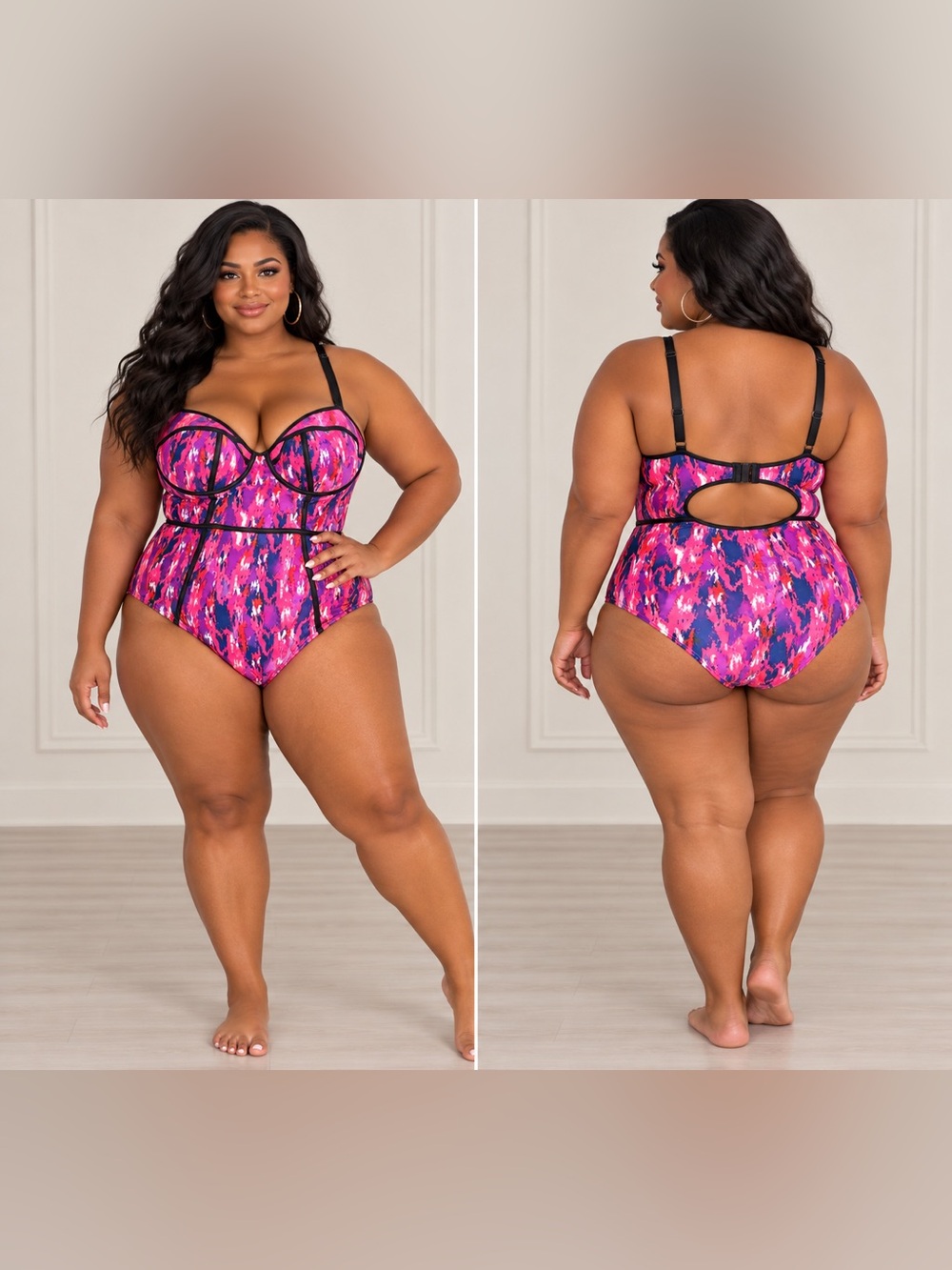 Simply Be Pink and Purple Printed One-Piece Swimsuit With piping details